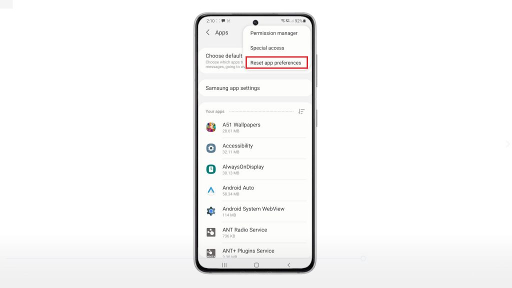 reset app preferences galaxy s21 resetappref