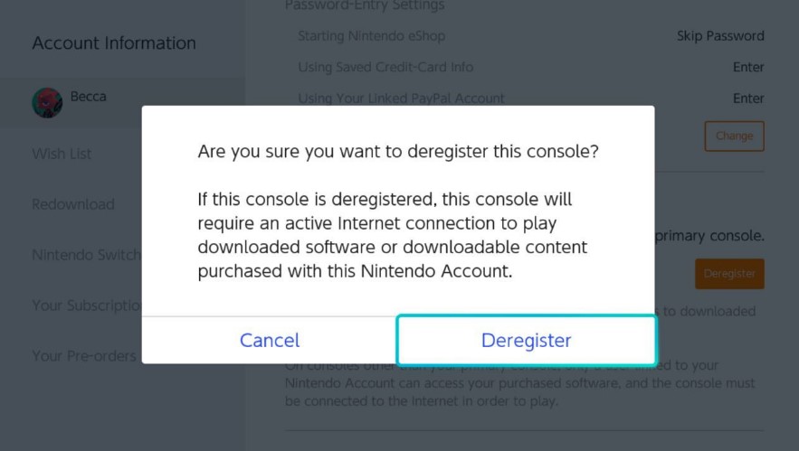 Deregister Nintendo Switch