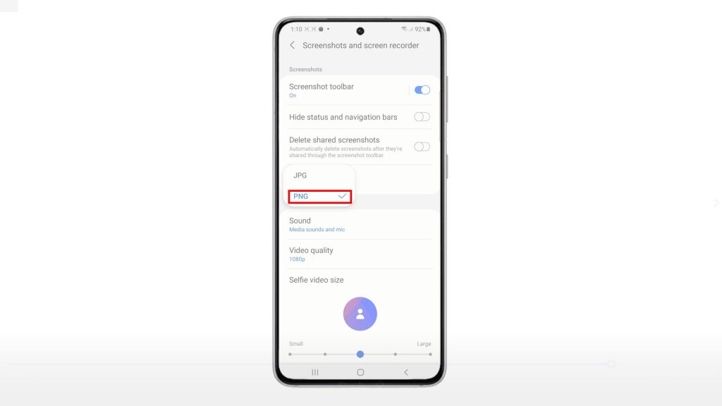 change screenshot format galaxy s21 png