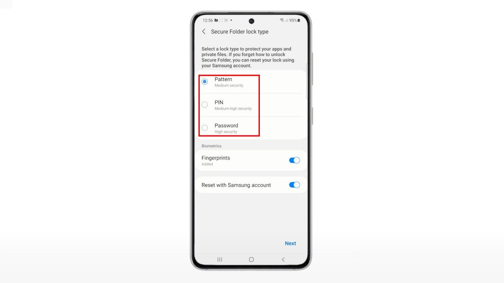 enable set up secure folder galaxys21 locktype