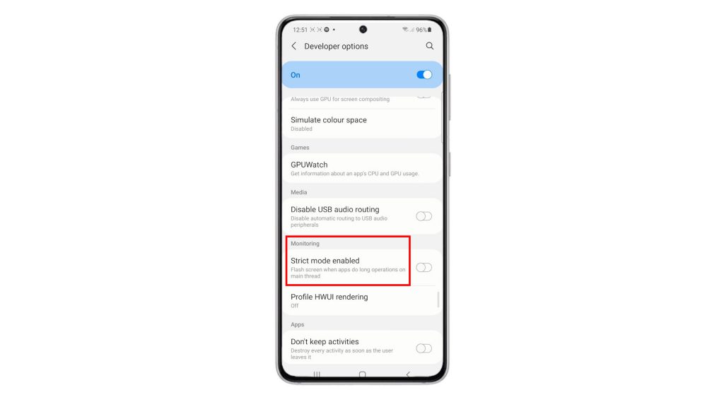 enable strict mode galaxy s21 monitoring