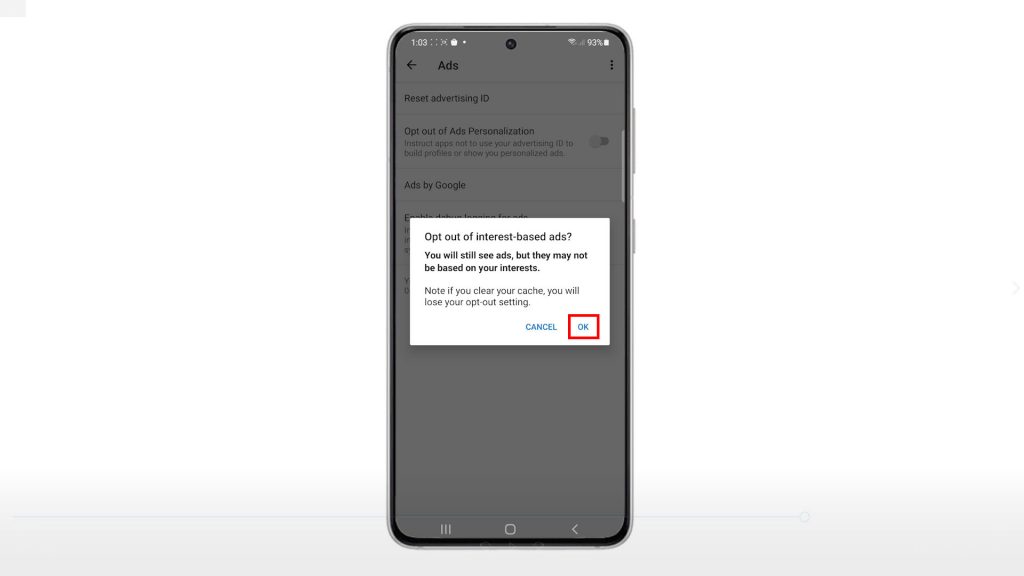 opt out of ads personalization galaxy s21 OK