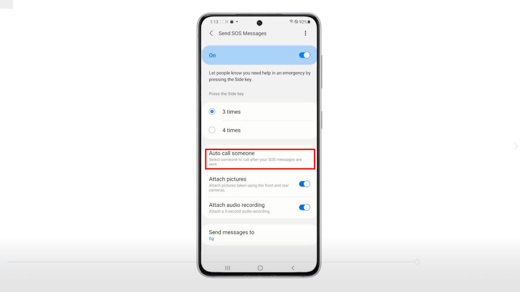 send sos messages galaxys21 autocall