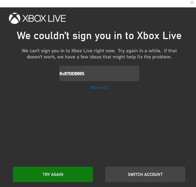 Xbox Live 0x87DD0005 Error