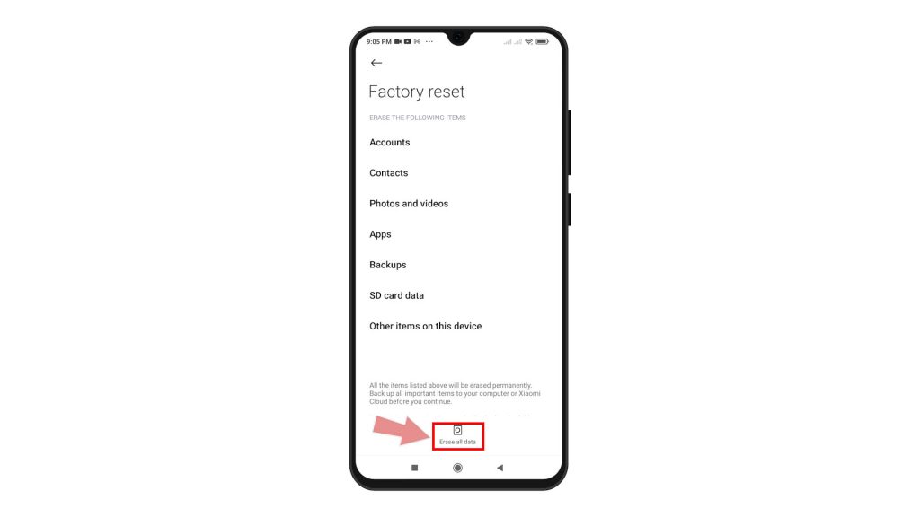 factory reset xiaomi redmi note8 pro via settings erase