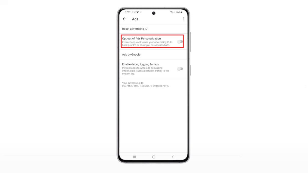 reset advertising id galaxy s21 optouton