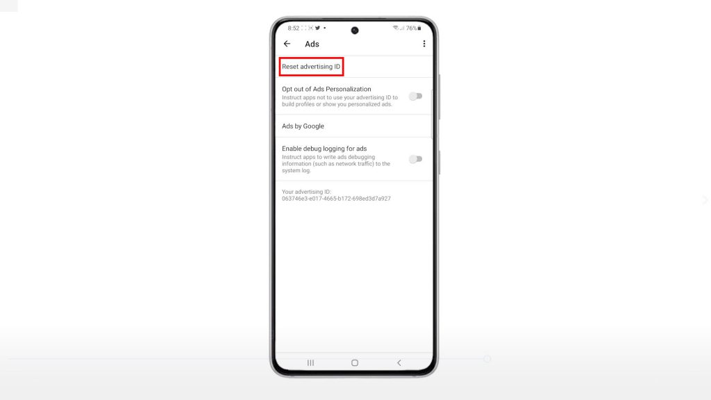 reset advertising id galaxy s21 resetadsid