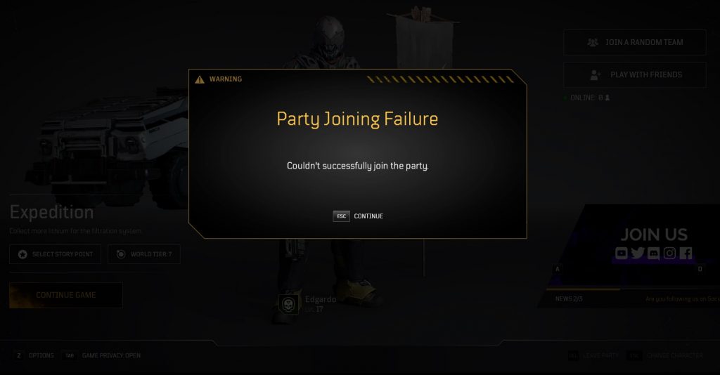 Outriders Party Joining Failure Error