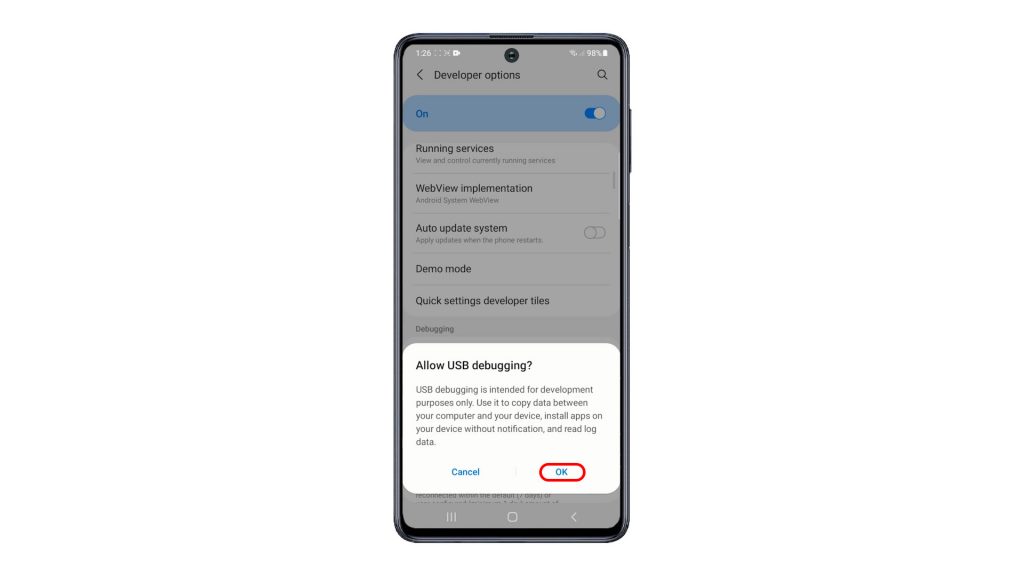 enable usb debugging mode galaxy m51 OK