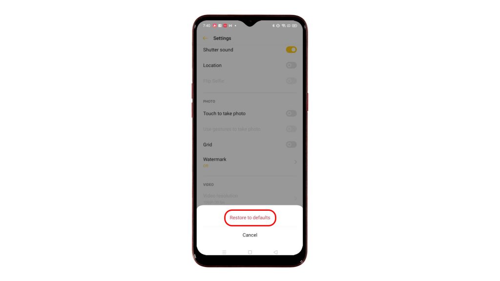reset camera settings realme narzo10 confirmrestore
