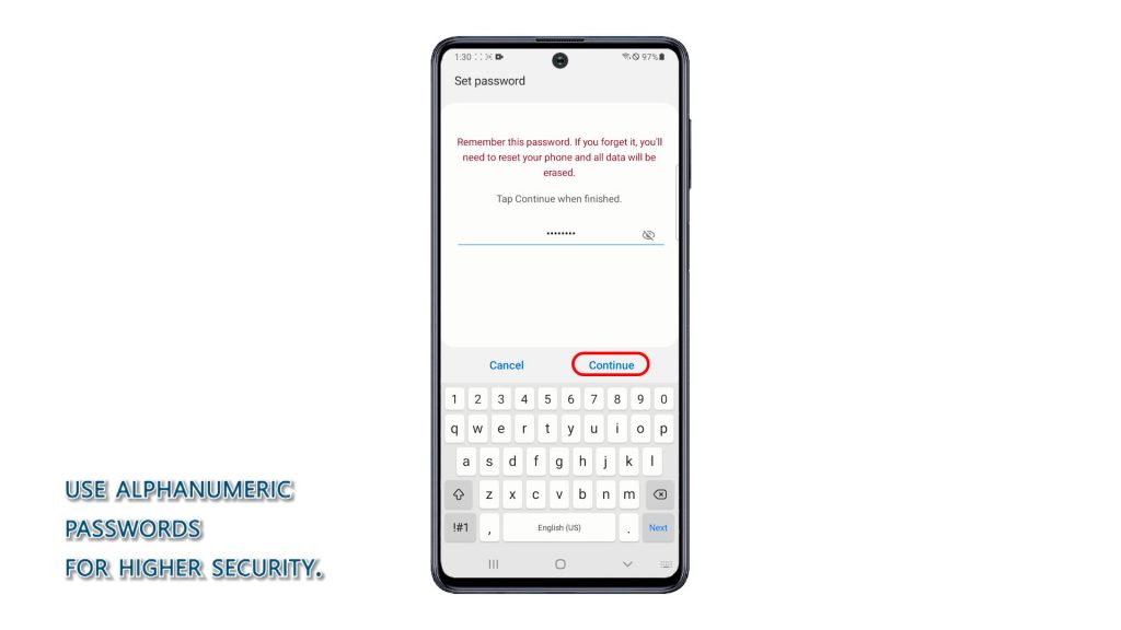 set add password on galaxy m51 continue