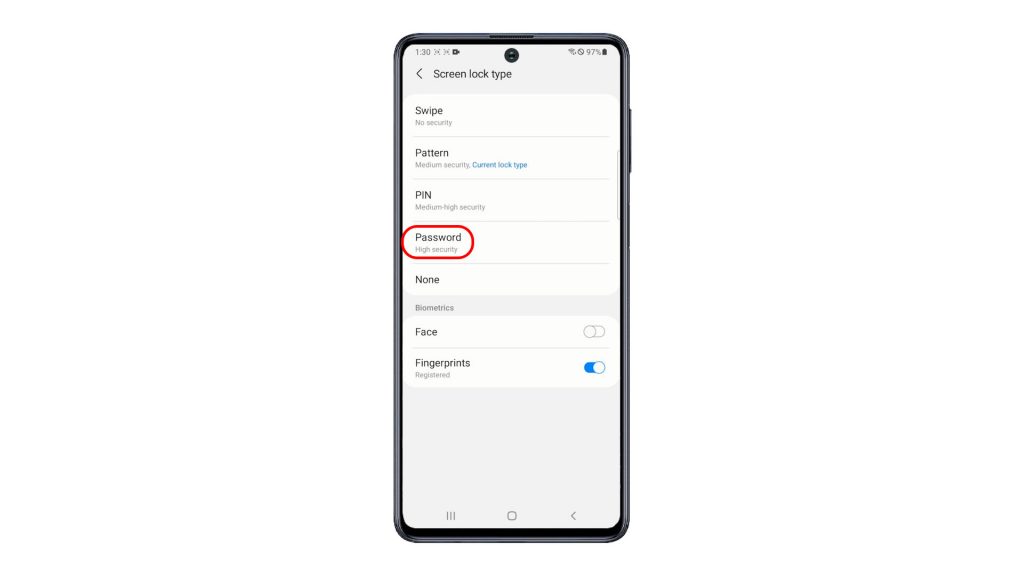 set add password on galaxy m51 pw