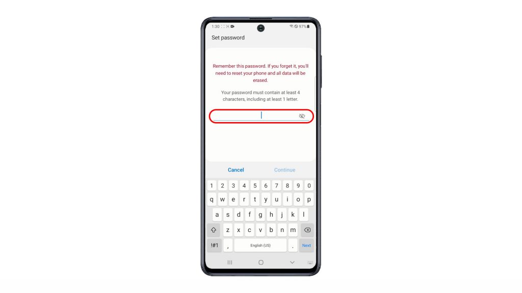 set add password on galaxy m51 typepw