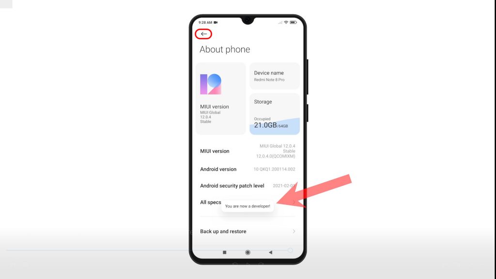 unlock xiaomi redmi note8pro developer options backkey