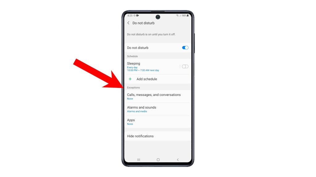 activate do not disturb mode galaxy a50 exceptions
