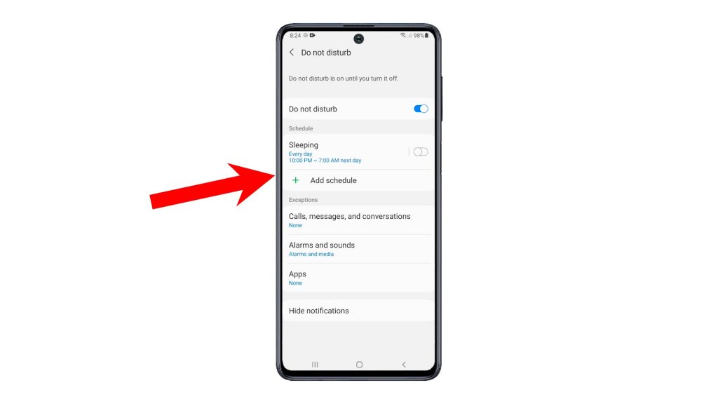 activate do not disturb mode galaxy a50 schedule