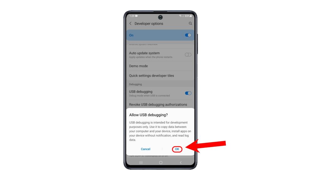 enable usb debugging mode galaxy a50 OK