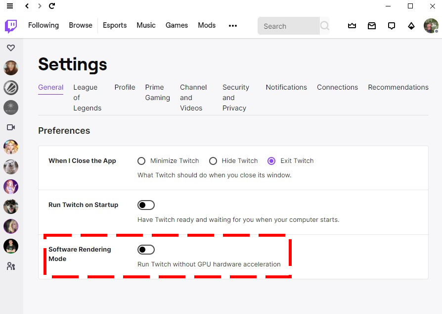 Twitch Software Rendering Mode