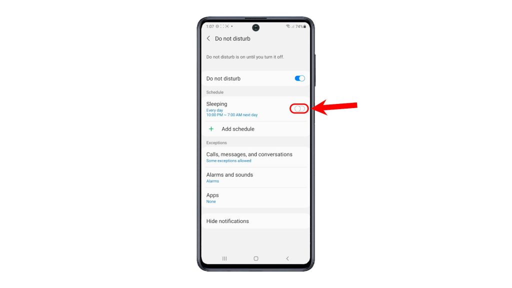 activate do not disturb mode galaxy m62 sleeping