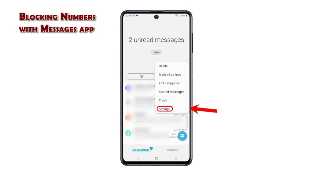 how to block number samsung galaxy m62 messagesettings