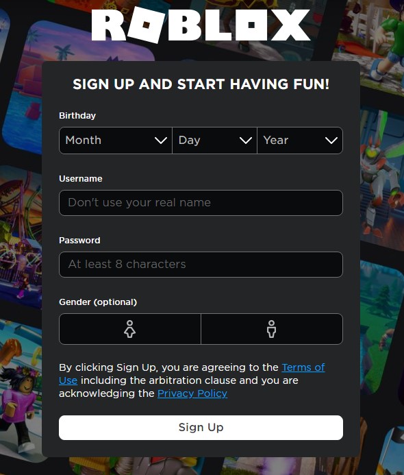 Roblox account sign up 1