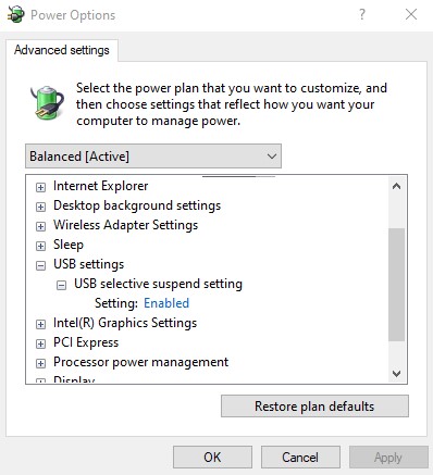 USB Power Options settings