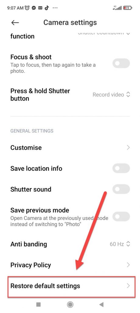 Reset Camera settings to default settings