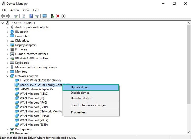 Choose Network Adapter. Right-click the adapter, and select Update Driver from the drop down menu