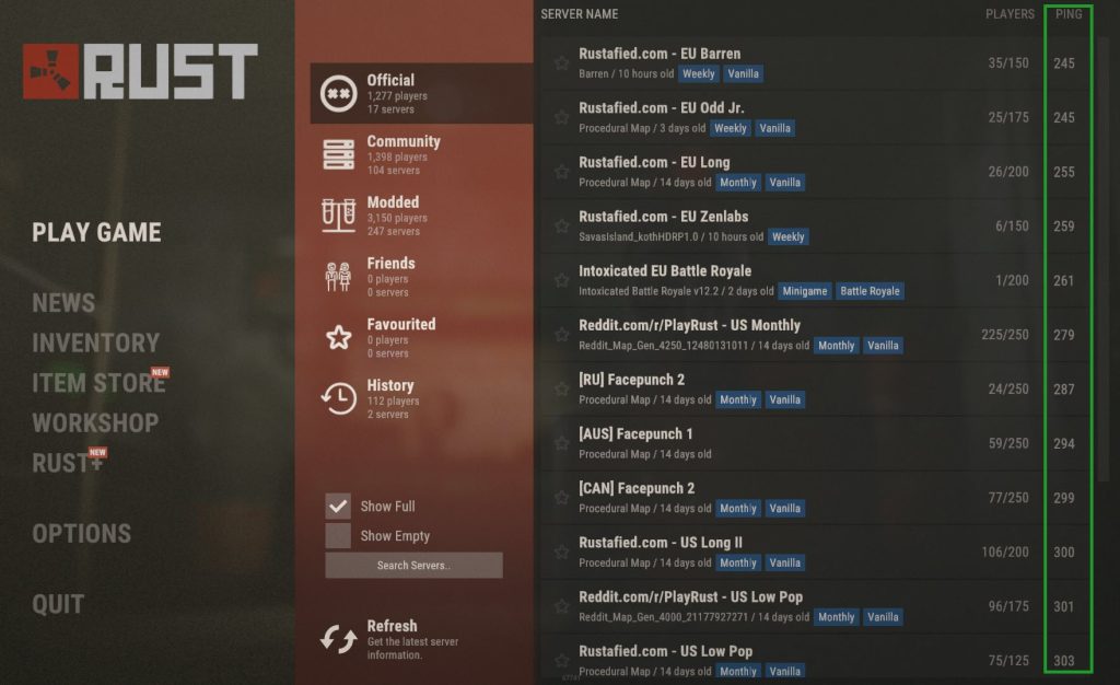 Choose a RUST server with a low ping