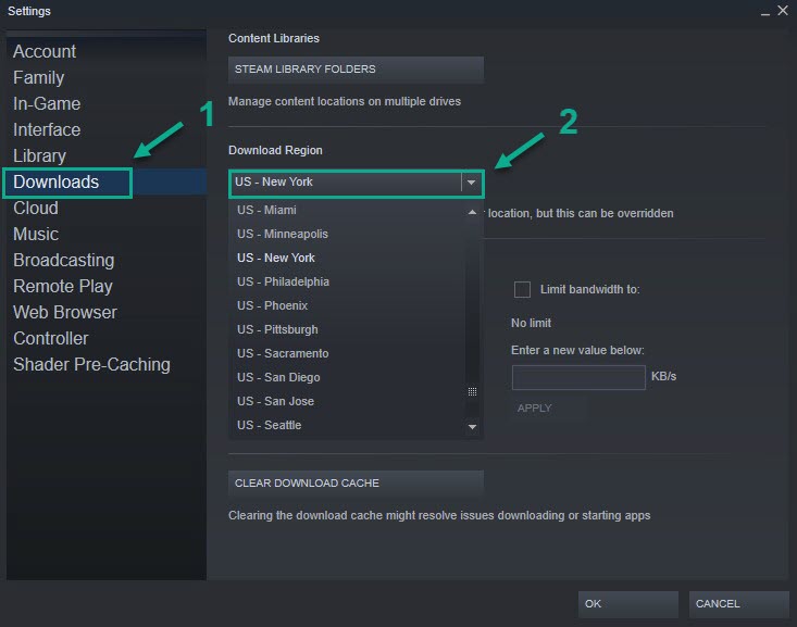 Click Downloads then click the drop down menu of Download Region and select a different download server location