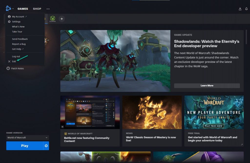 Click exit in Battle.net application