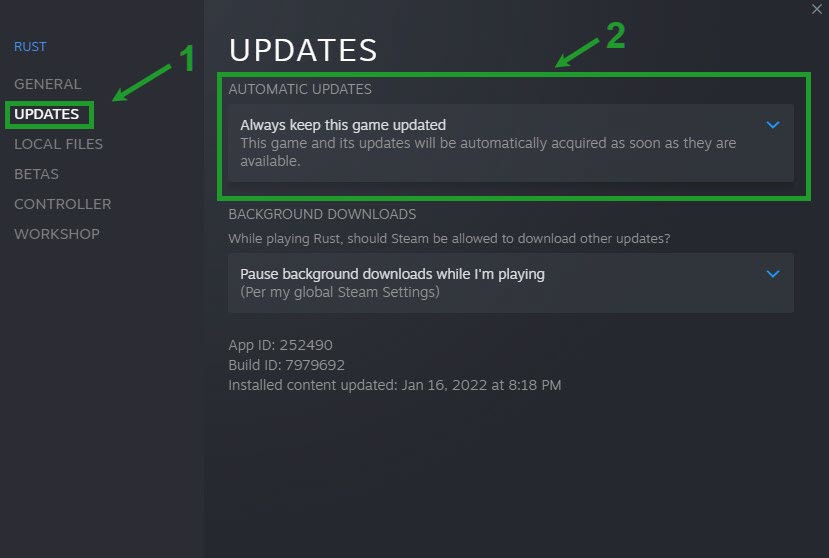 Click the "Updates" tab and select Always keep this game updated