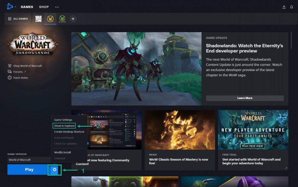 In the Battle.net application, click options and click explorer