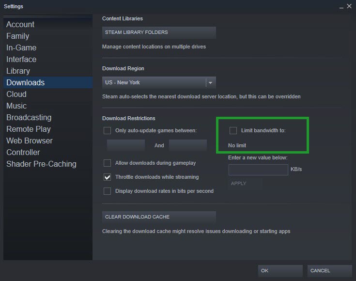 Method #11: Disable Steam Download Bandwidth Limits
