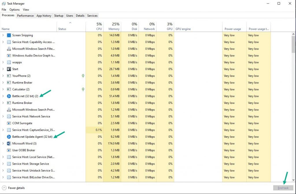 Select Battle.net Update Agent, Battle.net desktop app, and click End Process