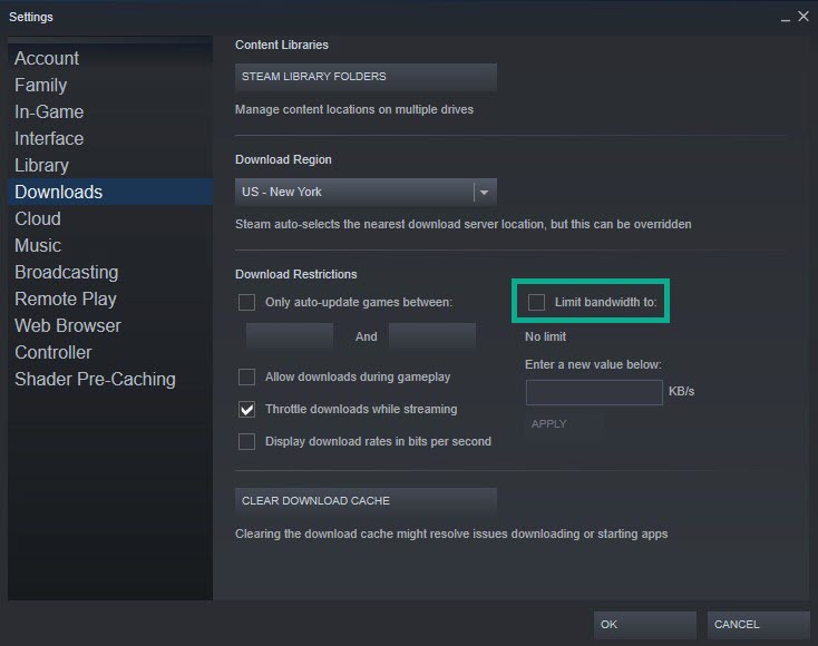 Solution 11: Remove Steam Download Bandwidth Limit