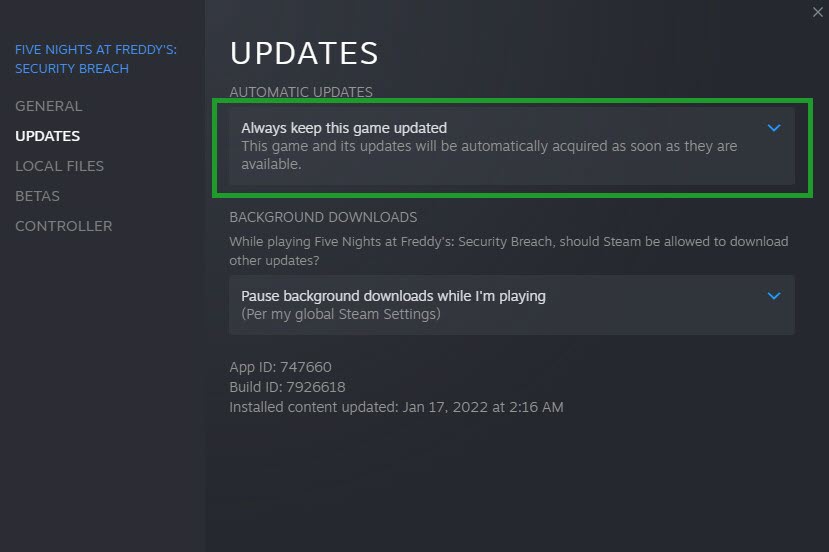 Solution 11: Update your Five Nights at Freddy's Security Breach game on Steam launcher