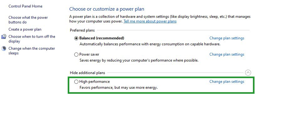 Solution 6 High Power Plan in Performance Power Options
