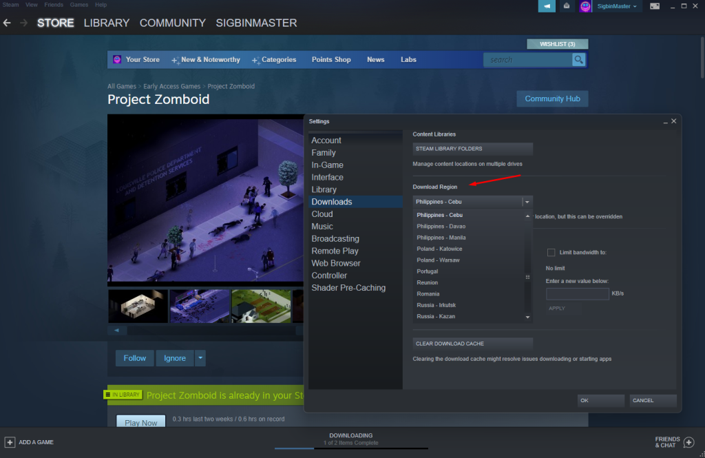 Change Steam download region