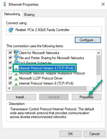 Click Internet Protocol Version 4 (TCP /IPv4) and then click Properties