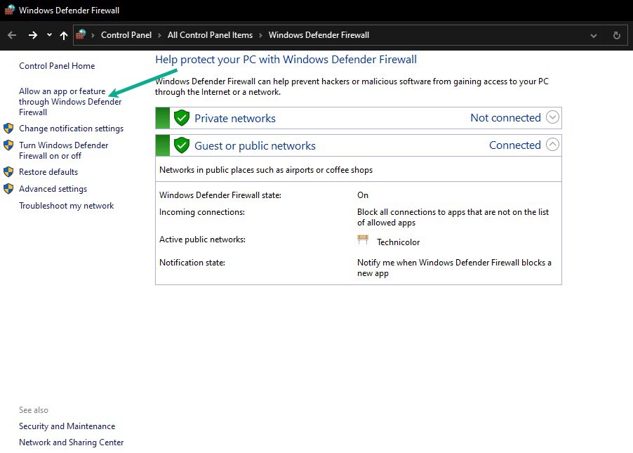 Choose Allow an app or feature through Windows Defender Firewall 1