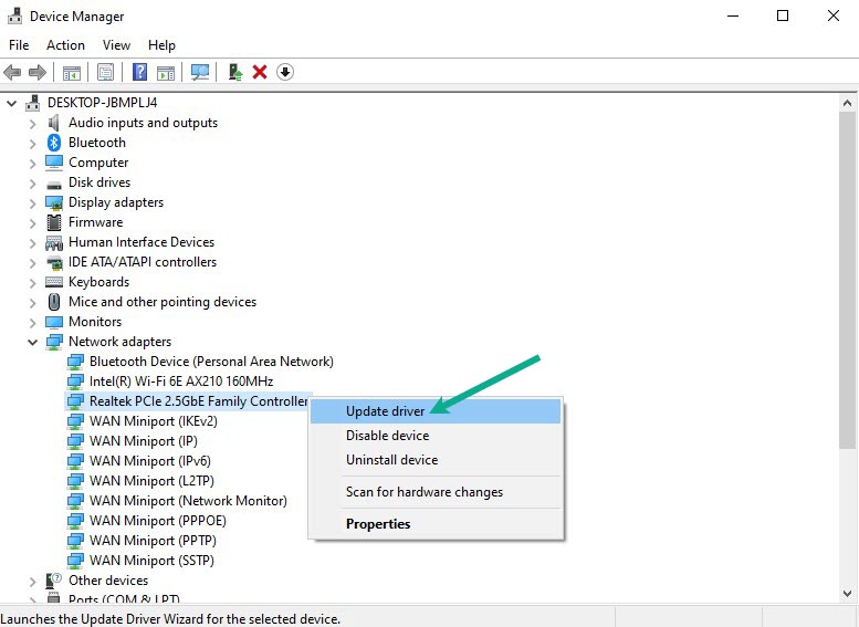 Choose Network Adapter. Right click the adapter and select Update Driver 1 1 1