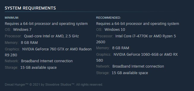 Fix #1 Dread Hunger system requirements
