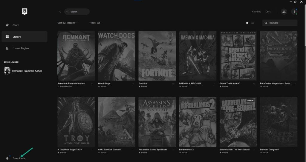From the Epic Games Store launcher click on Downloads
