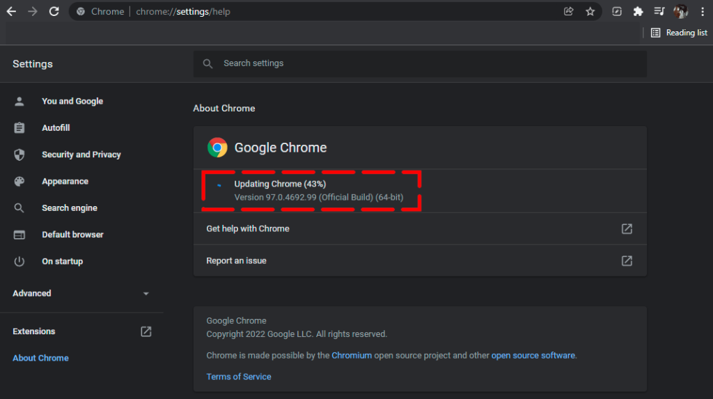 Google Chrome update