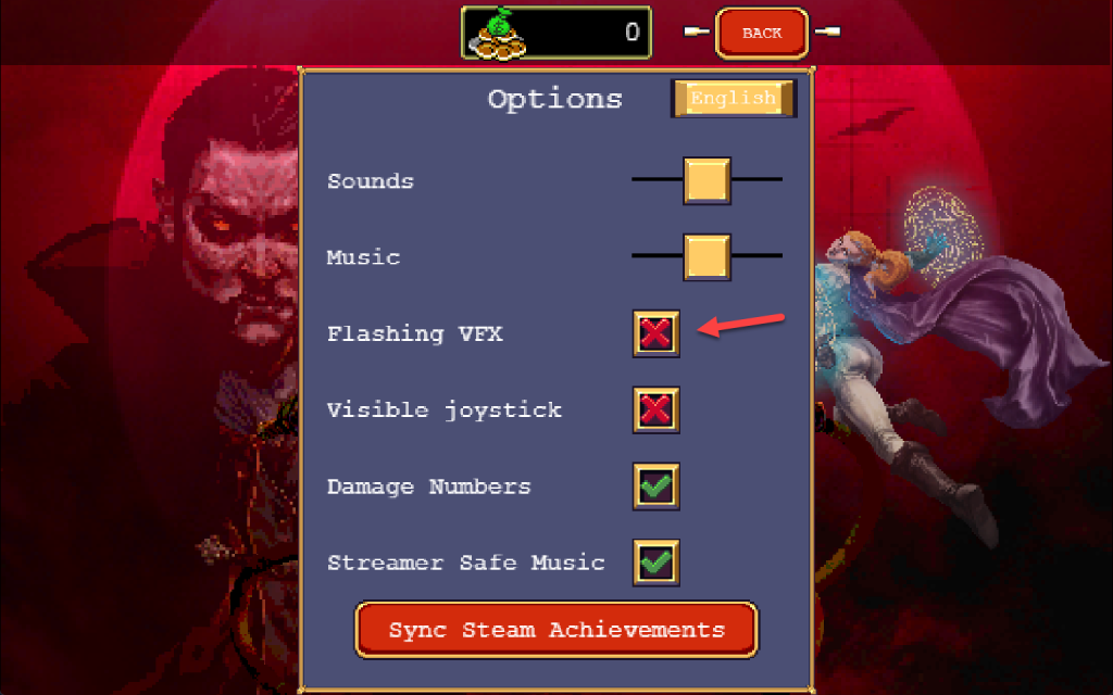 Make changes to Vampire Survivors graphics setting