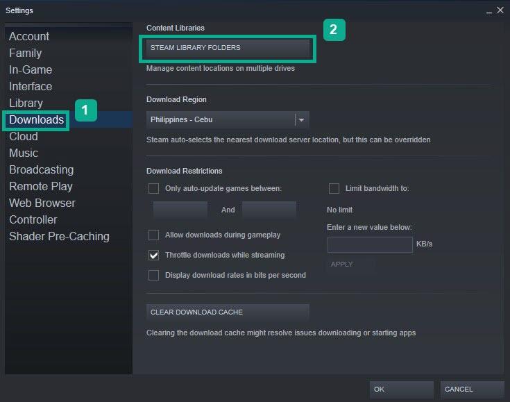 On Downloads tab, click Steam library folders