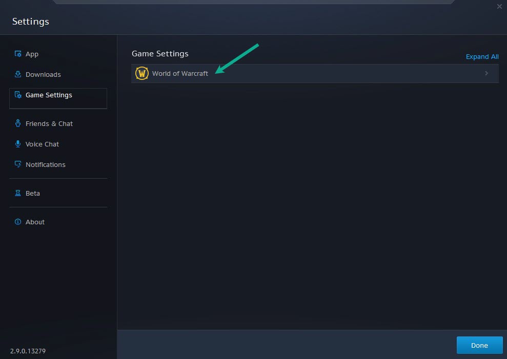 On the Game Settings, click World of Warcraft