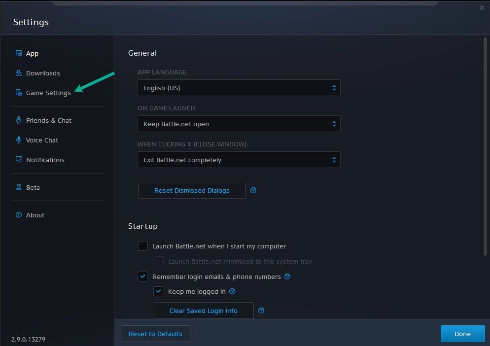 On the settings window, click Game Settings