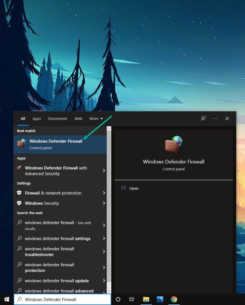 Type Windows Defender Firewall in the search bar on your desktop and then click the Windows Defender Firewall icon that appears in the results 1